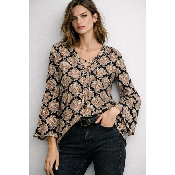 Daniel Rainn Tops - Daniel Rainn Boho Paisley Lace-Up Blouse Black Cream Long Sleeve Size S